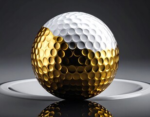 An isolated set of golden golf balls with a tee featuring a black cosmetic paintbrush tool for a fashion artist's creative paint object