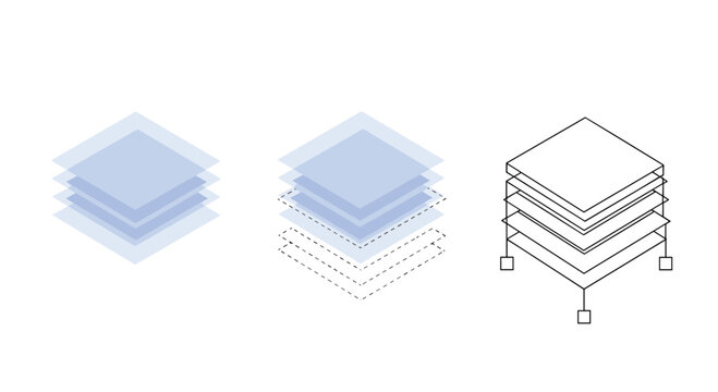 Three diagrams showing stacked glass layers or planes representing software layers, infrastructure, or data structure.