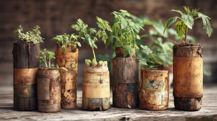 Fototapeta premium Collection of Unique Herb and Plant Seedlings Growing in Rustic Wooden Containers on a Natural Background for Eco-Friendly Gardening Inspiration