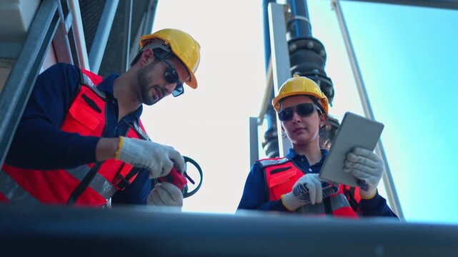 Both of engineers inspecting industrial pipeline and valve systems on a building rooftop, representing modern infrastructure and energy management