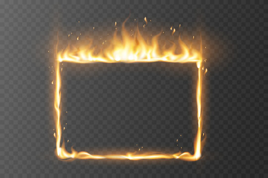 Burning fire rectangle frame with realistic flames glowing border effect.