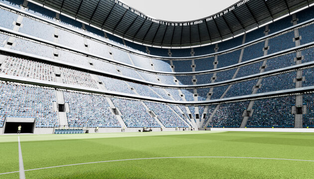 Empty modern soccer stadium with green grass and grandstands