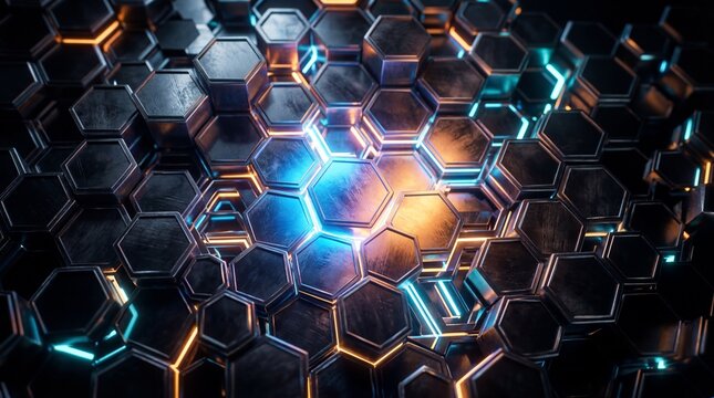  Hexagonal abstract metal background with light.
