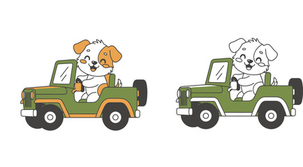 Cute cartoon dog driving a green jeep vector illustration. Happy puppy in an off-road car design set featuring colored and outline character versions for kids, travel, and animal adventure concepts. © SHOHAG