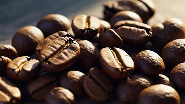 Roasted Coffee Beans Piled on Rustic Wooden Surface, Close-Up Still Life Photography for Food, Beverage, and Coffee Related Concepts.