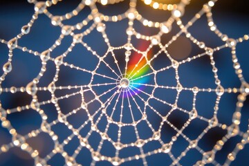 Fototapeta premium A close-up of a spider web adorned with dew drops reflecting light, creating a vibrant rainbow effect at the center.