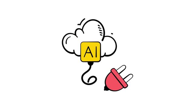 Cloud system powered with artificial intelligence connection, trendy doodle icon animation