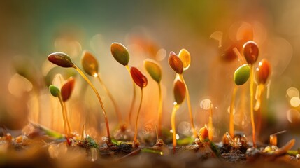 Vibrant and Fresh Seedlings Emerging from Soil with Dew Drops in a Beautiful Natural Setting