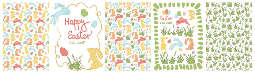 whimsical Easter greeting card and seamless pattern Hand drawn set with bunny, eggs, flowers, grass. Naive sketch style spring illustrations on pastel checkered and striped backgrounds for Easter gree © EvgeniiasArt