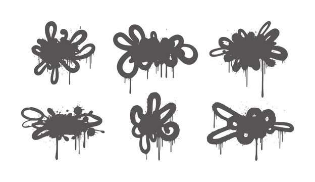 Six dark grey graffiti spray paint splatters and drips