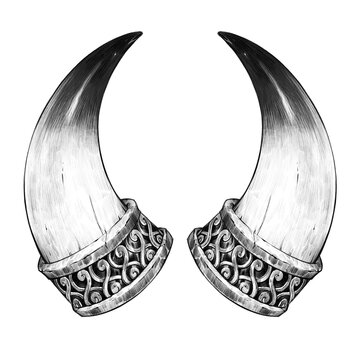 Antique ornamental horns with celtic knotwork, monochrome illustration (White&Black version) ケルティックな編み込みのあるアンティークな角の装飾、モノクロイラスト（白黒ver）