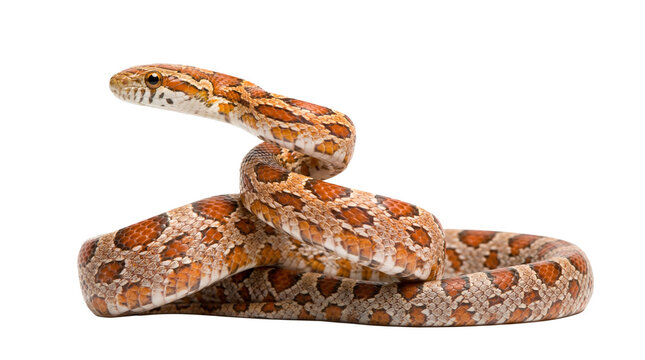 A vibrant orange and red corn snake, Pantherophis guttatus, coiled with its head raised.