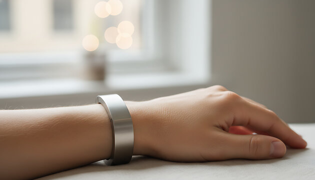 Close up of a minimalist wearable smart device on wrist