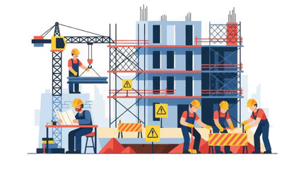 Fototapeta premium Construction Site Teamwork: Workers, Crane, and Scaffolding Building a New Structure. Engineering and Real Estate Development Vector.