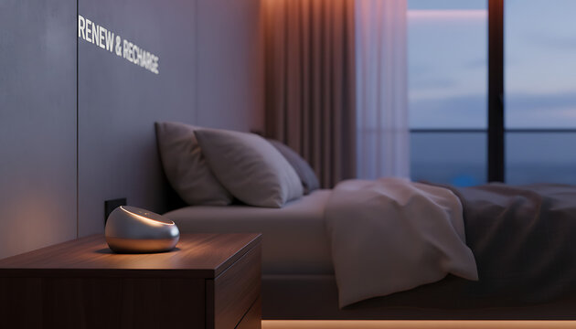 Smart sleep assistant glowing on nightstand in modern bedroom