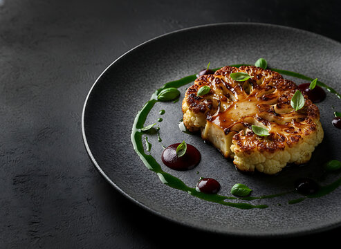 Gourmet roasted cauliflower steak served on a dark plate