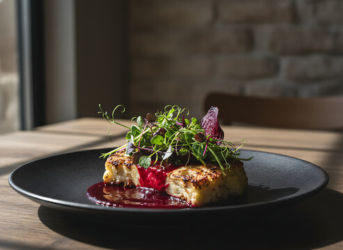 Gourmet plant-based roasted cauliflower steak with microgreens and sauce