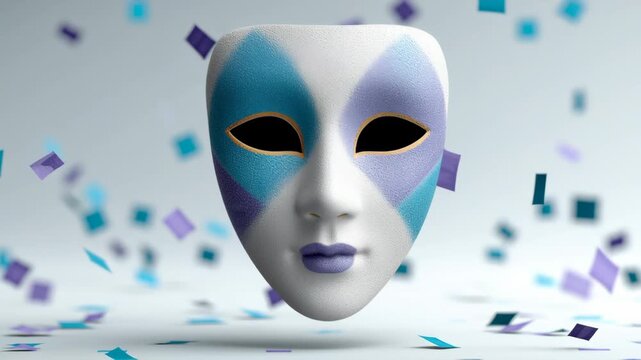 Decorative masquerade mask with blue and purple patterns floats amidst colorful confetti in a bright setting, creating a festive atmosphere for celebrations and events