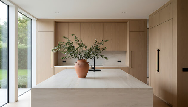 Minimalist organic modern kitchen interior with marble island and garden