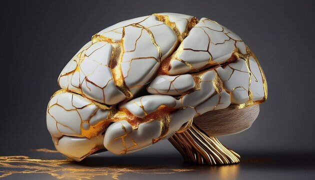 broken and kintsugi repaired ceramic brain with gold cracks symbolizing healing in neurodiverse therapy autism adhd trauma ptsd