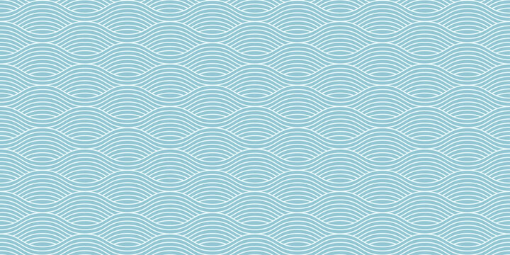 Minimalist wavy seamless pattern background. Blue water curve wave line. Chinese and Japanese traditional oriental blue texture. Asian ornament. Repeat texture for wallpaper. Vector illustration