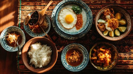 Fototapeta premium Colorful assortment of traditional dishes served on decorative table with rice, vegetables, egg, and sauces, providing a rich culinary experience