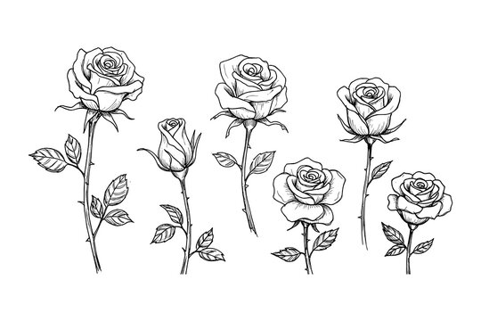 Elegant collection of linear roses with detailed outlines and graceful stems