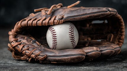 A leather baseball glove grips a white baseball on a dark background