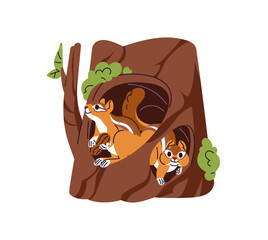 Fototapeta premium Cute chipmunks are preparing for hibernation, gathering nuts in hollow. Happy squirrels inside the hole of trunk. Forest animals in den on tree. Flat isolated vector illustration on white background