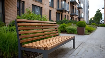 A modern wooden bench situated on a paved walkway in a landscaped urban courtyard setting