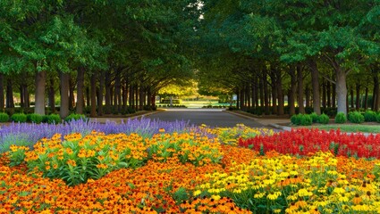 Obraz premium Vibrant Flower Garden Path Lined with Trees