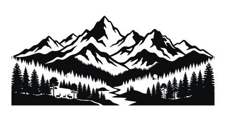 Dramatic mountain range scene with forest and deer in foreground © APIM02SN