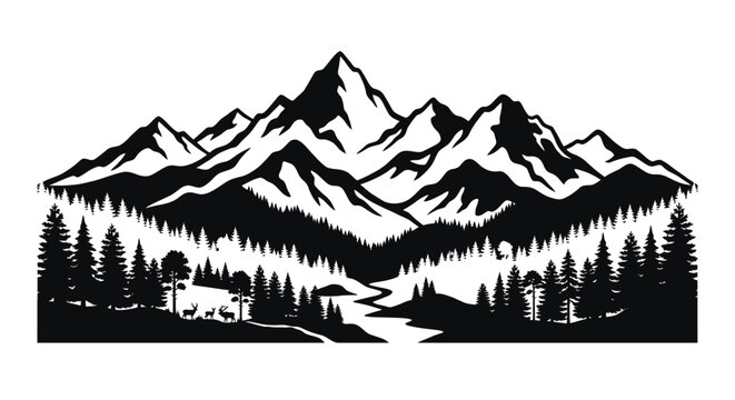Dramatic mountain range scene with forest and deer in foreground