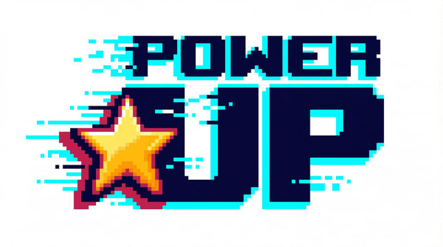 Power Up Pixel Art Text Logo with Retro Gaming Star Symbol