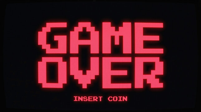 Retro Pixel Art Game Over Screen with Insert Coin Arcade Message