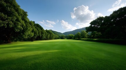 Naklejka premium Vast pristine green lawn stretching towards rolling tree covered hills under a bright blue sky with fluffy clouds embodying natural serenity