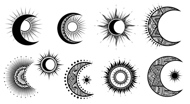 Set of celestial moon and sun symbols for spiritual mystic ornaments