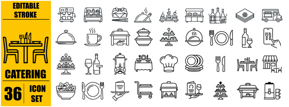 Catering icon set. Containing food service, event planning, dish, table setting, delivery, buffet, fine dining, waiter, tray, food cart, chef and more. Editable line icons. Vector illustration
