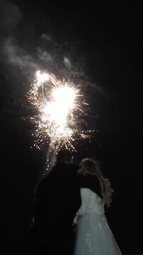 Night evening is the background. The general plan for the belt. At the wedding, guests and newlyweds see a beautiful salute in the sky. The bride and groom with relatives and friends