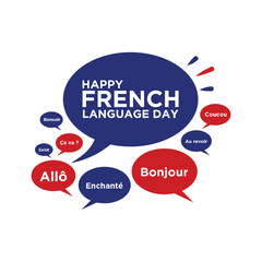 Happy French Language Day greeting text with speech bubbles in blue and red France flag colors with different French words for social media banners, posts, poster and print media uses . © Aamir Gfx