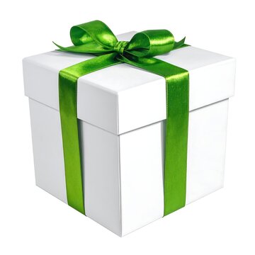 A white gift box with a green ribbon tied around it