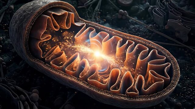 Detailed 3D Animation of a Human Mitochondrion Generating Energy with Glowing Light Particles and Inner Membrane Folds Against a Dark Cellular