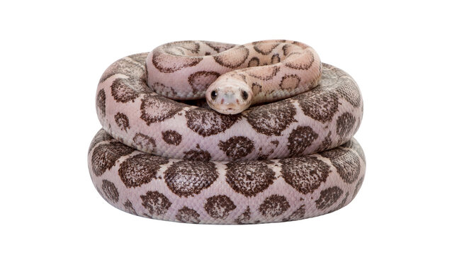 Beautiful coiled rosy boa snake, an exotic reptile isolated on a transparent background.