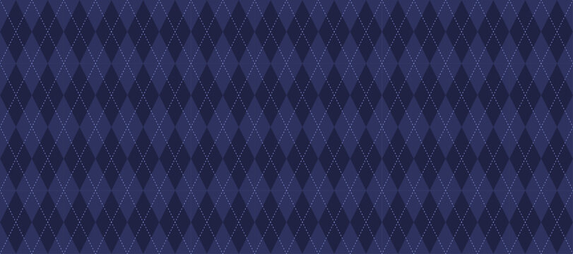 Navy blue argyle seamless pattern. Classic harlequin rhombus background. Traditional geometric pattern for clothing, tablecloth and wrapping paper. Diamond shape pattern. Vector illustration