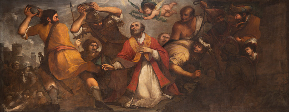 VERCELLI, ITALY - JANUARY 16, 2026: The painting of Martyrdom of St. Stephen in the Cathedral by unknown artist from 17. cent. 
