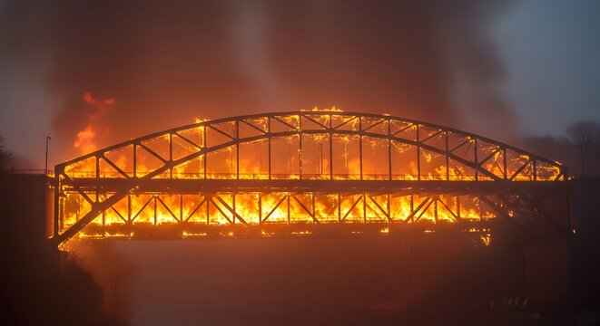 Steel truss bridge engulfed in intense orange and yellow flames at dusk fire burning inferno