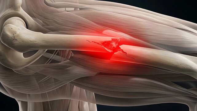 Human Arm Bone Fracture Medical Illustration with Red Pain Highlight and Transparent Muscles Against Dark Background 3D Render