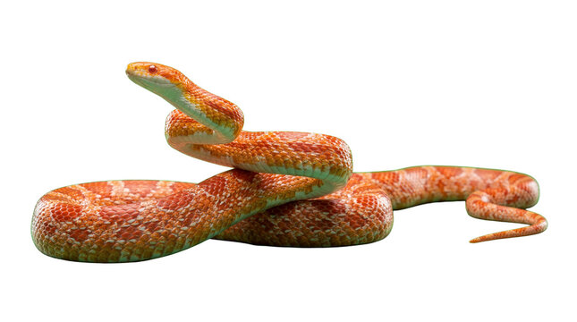 Vibrant orange corn snake with captivating patterns, coiled and raising its head, isolated.