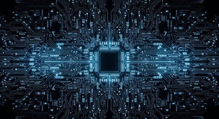 Abstract glowing blue circuit board with central processor. © Ari
