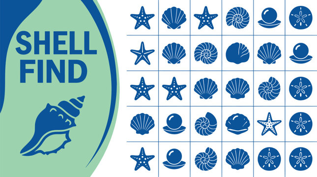 Seashell find icons present a grid of marine objects for beachcombing.